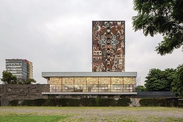 Mid-century modernist building with mosaic mural and concrete facade